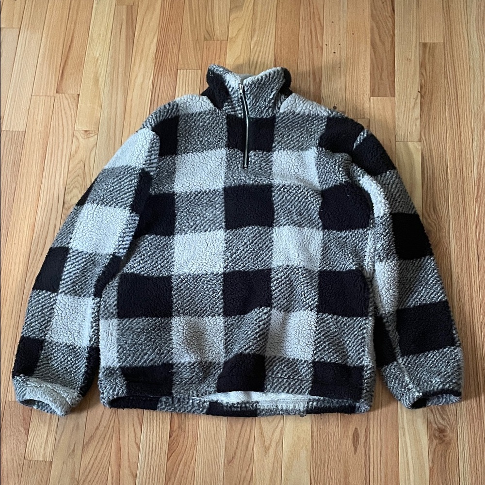 Womens Fleece Sherpa Pullover Womens XL Black Gray Plaid Cozy 1/4 Zip Fall